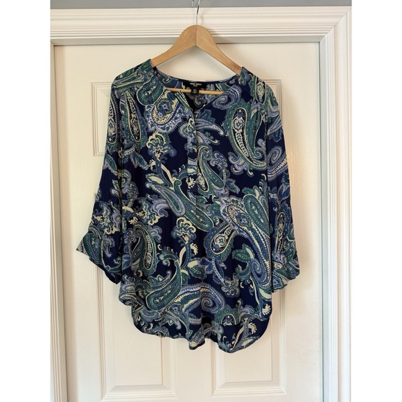 Nine West XL Top Navy/Yellow Paisley Round Neck 3/4 Sleeve Partial Button Front - Picture 3 of 16